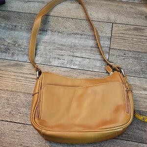 Tan Minimalist Shoulder Bag with Gold Hardware. Rosetti Bag